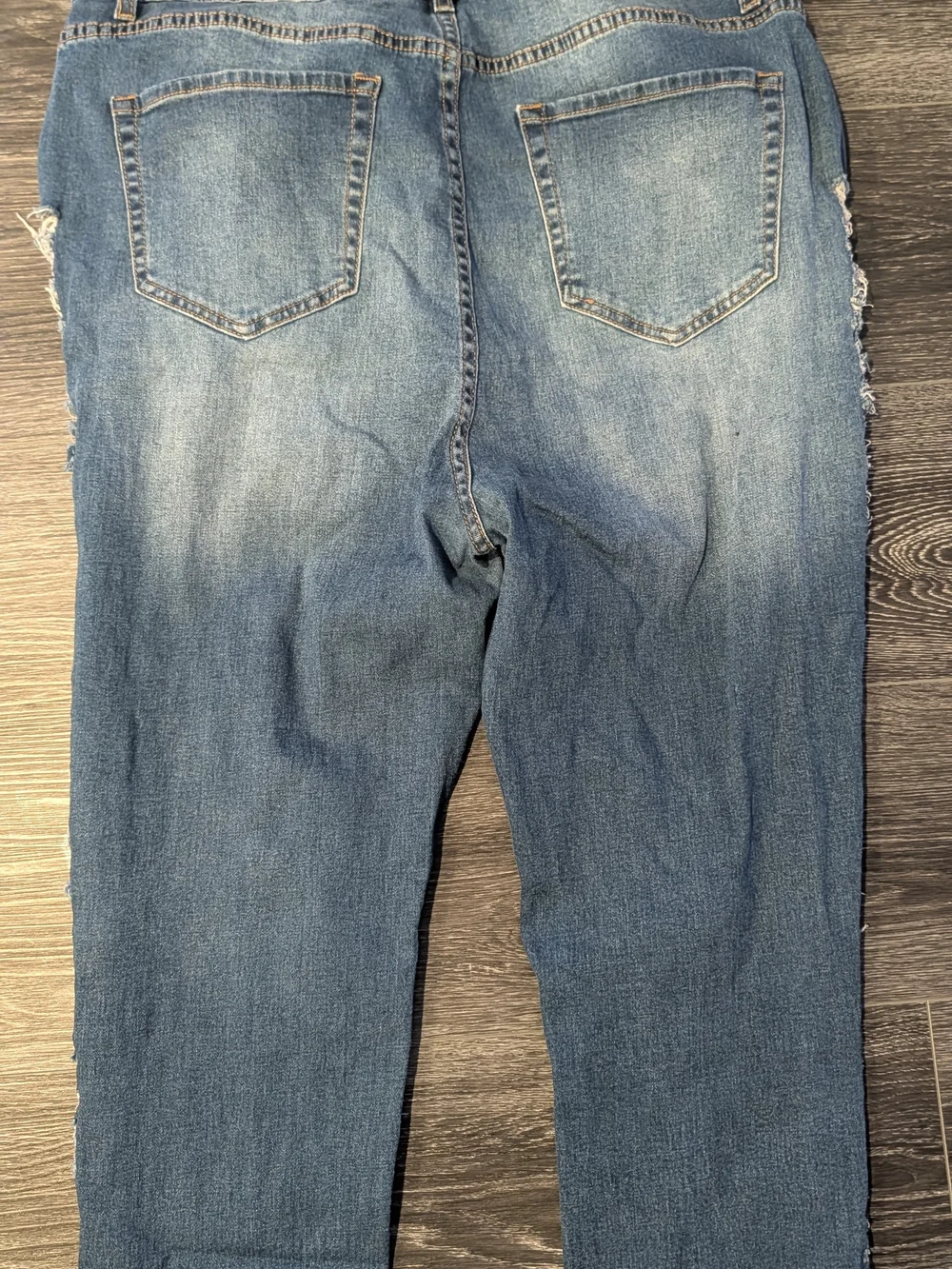 Fashion Nova Blue Ruffled Side Distressed Straight Leg Jeans